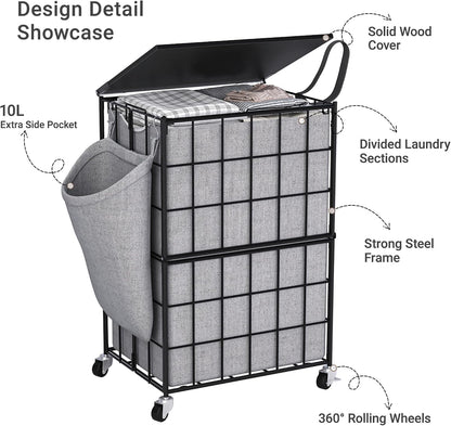 90L Laundry Basket with Wheels, Large Capacity Laundry Hamper with Removable Liner Bags, Heavy Duty Laundry Sorter with Solid Wood Lid & Leather Handles, Beige