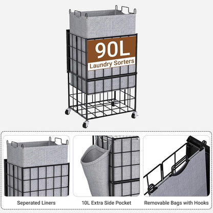 90L Laundry Basket with Wheels, Large Capacity Laundry Hamper with Removable Liner Bags, Heavy Duty Laundry Sorter with Solid Wood Lid & Leather Handles, Beige