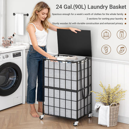 90L Laundry Basket with Wheels, Large Capacity Laundry Hamper with Removable Liner Bags, Heavy Duty Laundry Sorter with Solid Wood Lid & Leather Handles, Beige