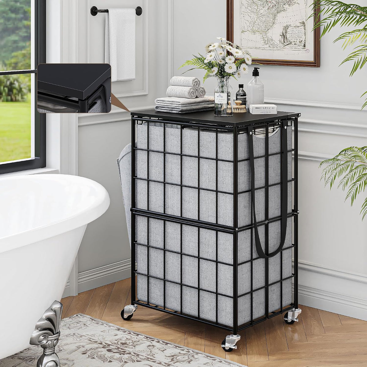 90L Laundry Basket with Wheels, Large Capacity Laundry Hamper with Removable Liner Bags, Heavy Duty Laundry Sorter with Solid Wood Lid & Leather Handles, Beige