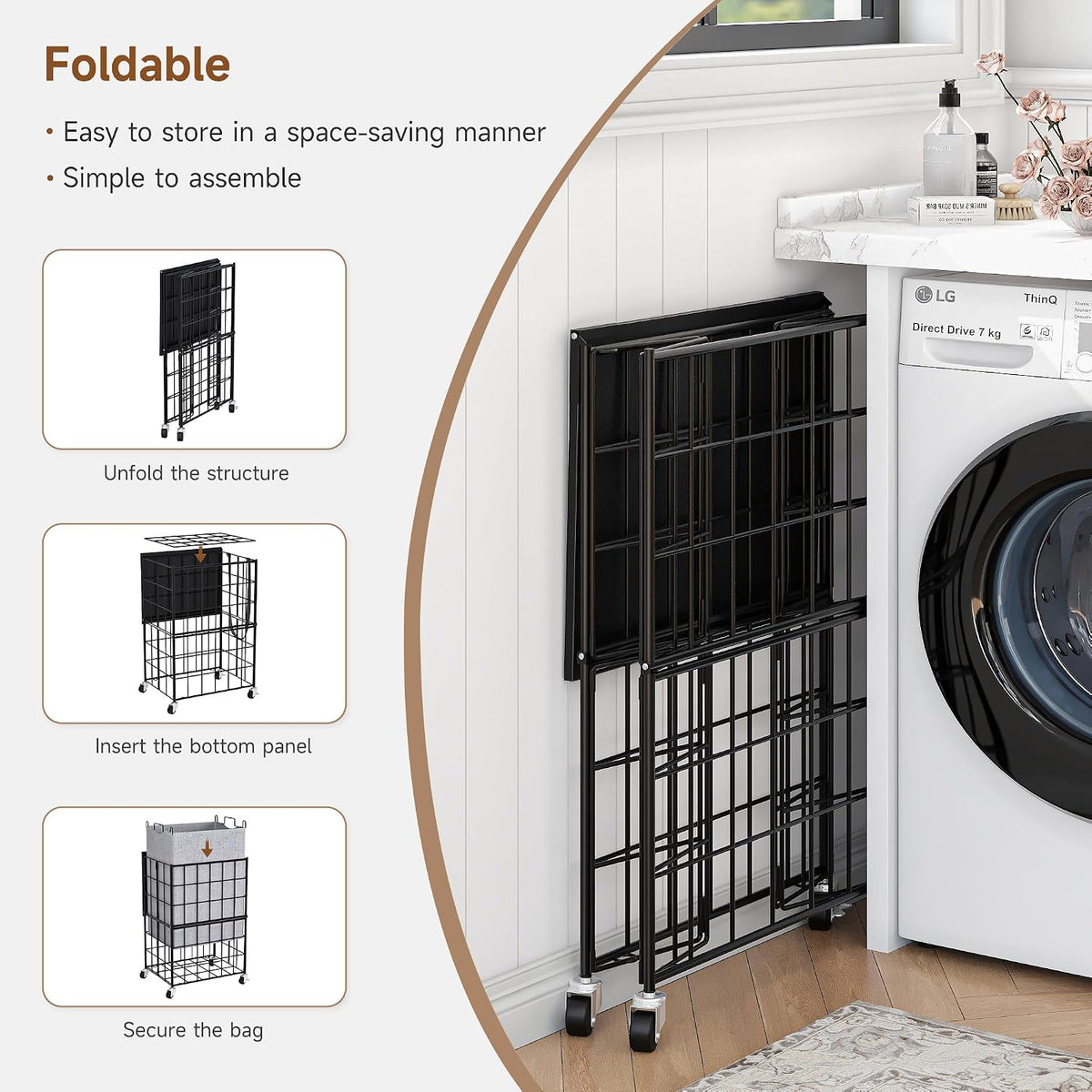 90L Laundry Basket with Wheels, Large Capacity Laundry Hamper with Removable Liner Bags, Heavy Duty Laundry Sorter with Solid Wood Lid & Leather Handles, Beige
