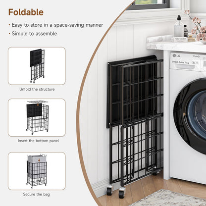 90L Laundry Basket with Wheels, Large Capacity Laundry Hamper with Removable Liner Bags, Heavy Duty Laundry Sorter with Solid Wood Lid & Leather Handles, Beige