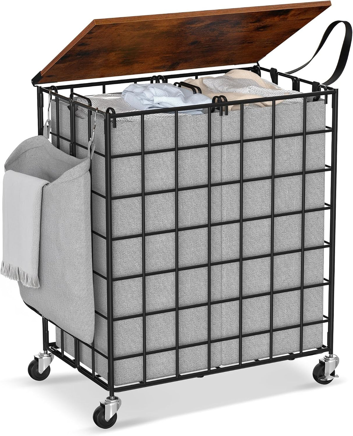 90L Laundry Basket with Wheels, Large Capacity Laundry Hamper with Removable Liner Bags, Heavy Duty Laundry Sorter with Solid Wood Lid & Leather Handles, Beige