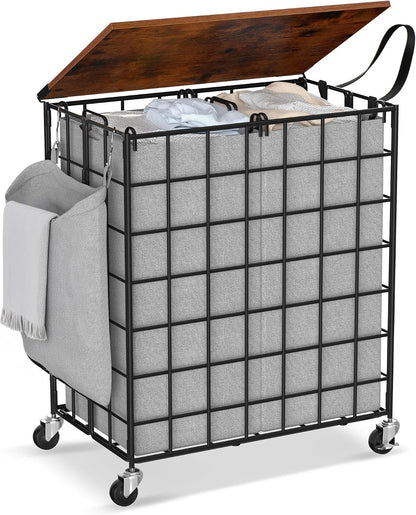 90L Laundry Basket with Wheels, Large Capacity Laundry Hamper with Removable Liner Bags, Heavy Duty Laundry Sorter with Solid Wood Lid & Leather Handles, Beige