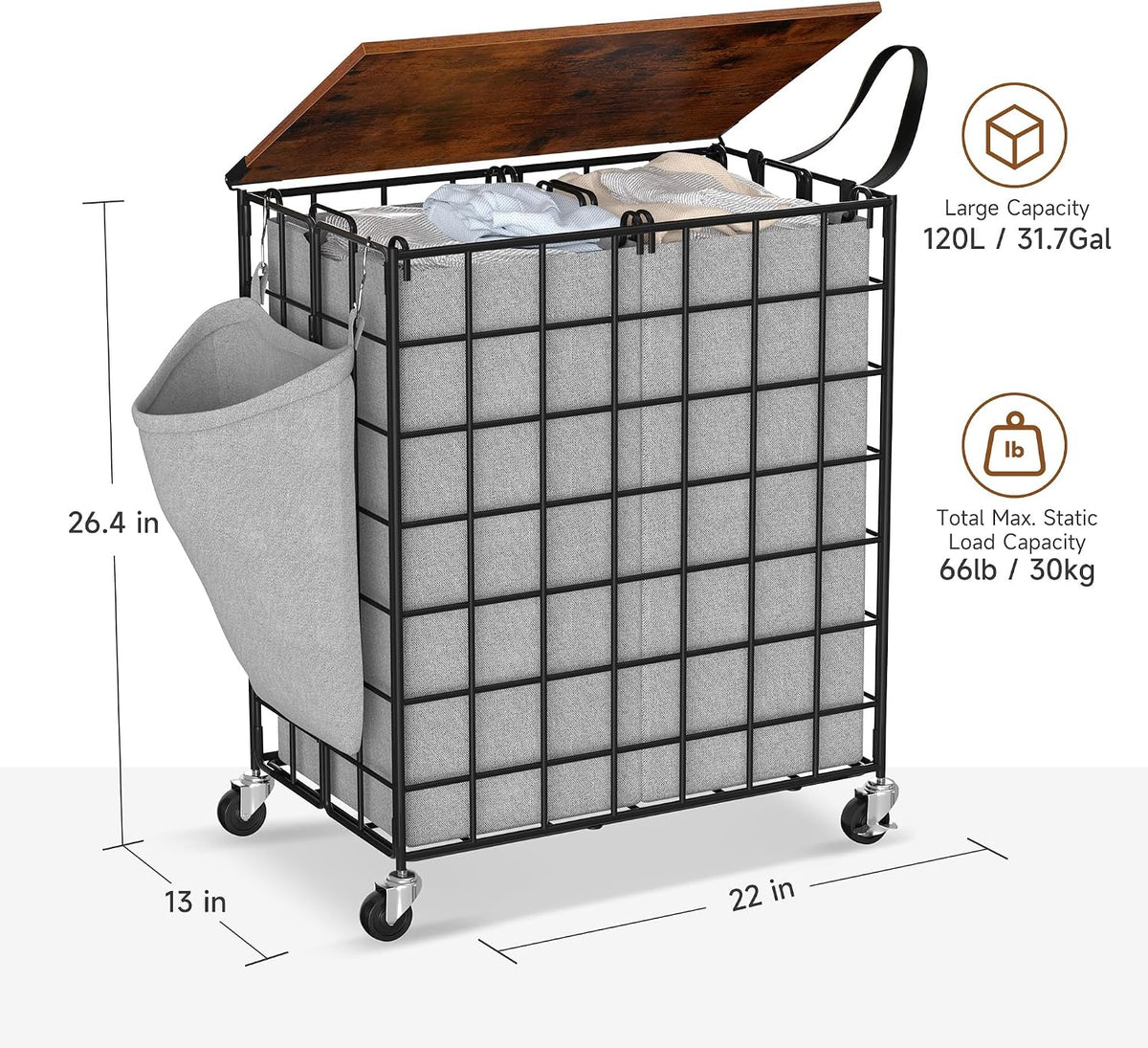 90L Laundry Basket with Wheels, Large Capacity Laundry Hamper with Removable Liner Bags, Heavy Duty Laundry Sorter with Solid Wood Lid & Leather Handles, Beige
