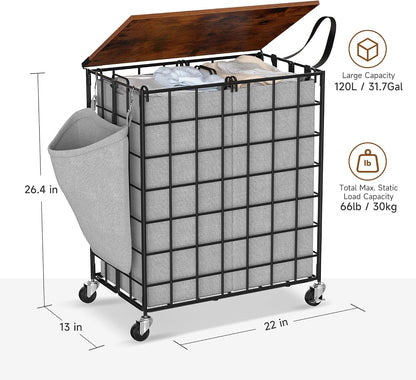 90L Laundry Basket with Wheels, Large Capacity Laundry Hamper with Removable Liner Bags, Heavy Duty Laundry Sorter with Solid Wood Lid & Leather Handles, Beige