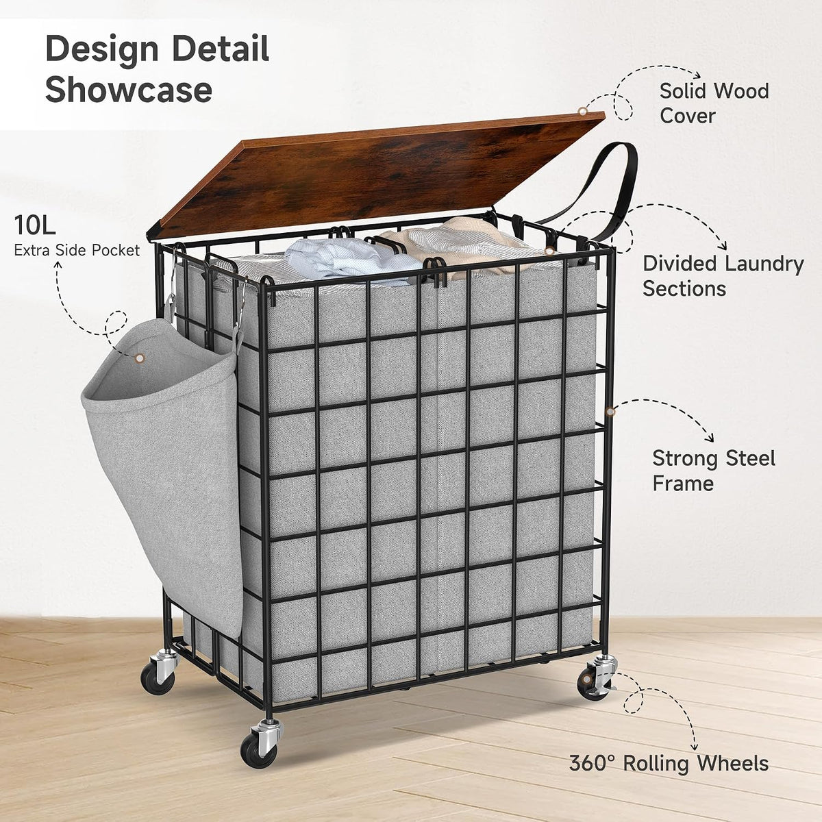 90L Laundry Basket with Wheels, Large Capacity Laundry Hamper with Removable Liner Bags, Heavy Duty Laundry Sorter with Solid Wood Lid & Leather Handles, Beige