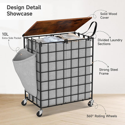 90L Laundry Basket with Wheels, Large Capacity Laundry Hamper with Removable Liner Bags, Heavy Duty Laundry Sorter with Solid Wood Lid & Leather Handles, Beige