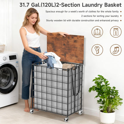 90L Laundry Basket with Wheels, Large Capacity Laundry Hamper with Removable Liner Bags, Heavy Duty Laundry Sorter with Solid Wood Lid & Leather Handles, Beige