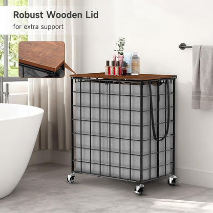 90L Laundry Basket with Wheels, Large Capacity Laundry Hamper with Removable Liner Bags, Heavy Duty Laundry Sorter with Solid Wood Lid & Leather Handles, Beige