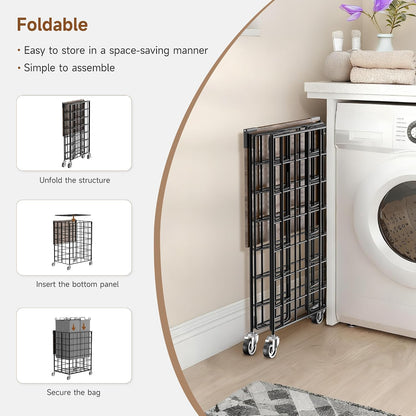 90L Laundry Basket with Wheels, Large Capacity Laundry Hamper with Removable Liner Bags, Heavy Duty Laundry Sorter with Solid Wood Lid & Leather Handles, Beige