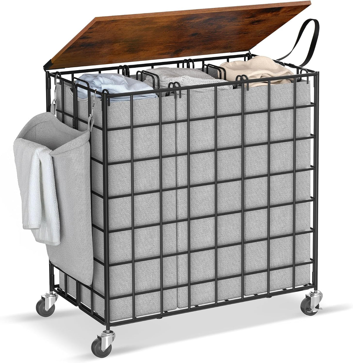 90L Laundry Basket with Wheels, Large Capacity Laundry Hamper with Removable Liner Bags, Heavy Duty Laundry Sorter with Solid Wood Lid & Leather Handles, Beige