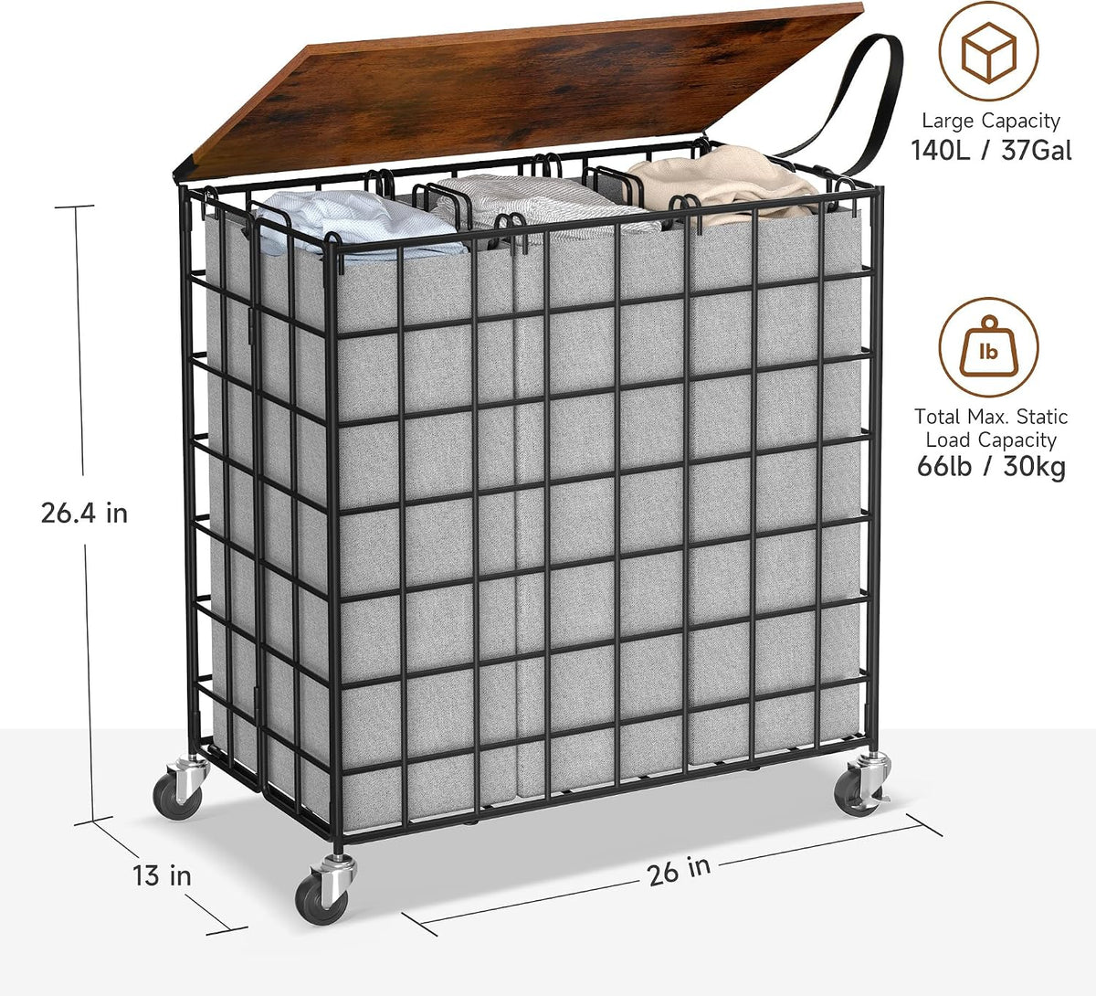 90L Laundry Basket with Wheels, Large Capacity Laundry Hamper with Removable Liner Bags, Heavy Duty Laundry Sorter with Solid Wood Lid & Leather Handles, Beige