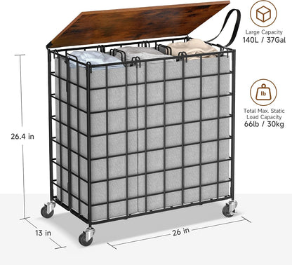 90L Laundry Basket with Wheels, Large Capacity Laundry Hamper with Removable Liner Bags, Heavy Duty Laundry Sorter with Solid Wood Lid & Leather Handles, Beige