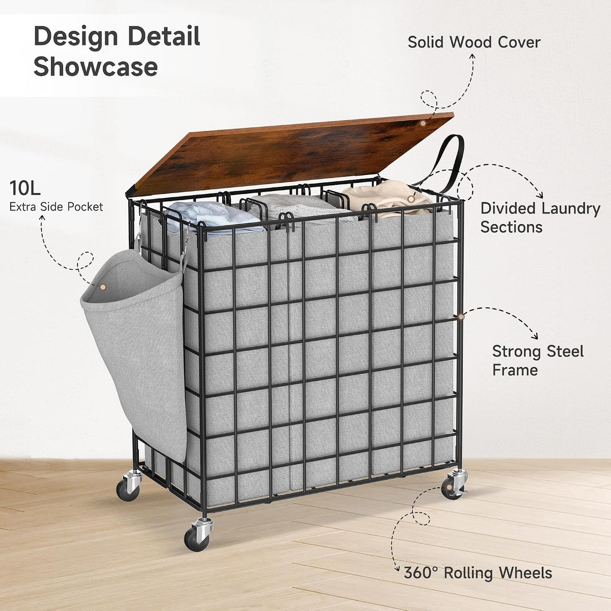 90L Laundry Basket with Wheels, Large Capacity Laundry Hamper with Removable Liner Bags, Heavy Duty Laundry Sorter with Solid Wood Lid & Leather Handles, Beige
