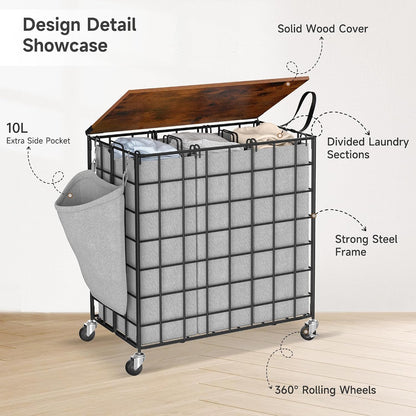 90L Laundry Basket with Wheels, Large Capacity Laundry Hamper with Removable Liner Bags, Heavy Duty Laundry Sorter with Solid Wood Lid & Leather Handles, Beige