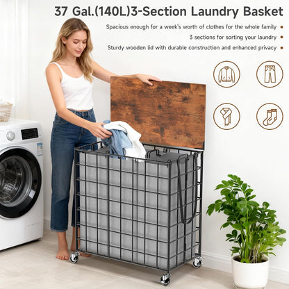 90L Laundry Basket with Wheels, Large Capacity Laundry Hamper with Removable Liner Bags, Heavy Duty Laundry Sorter with Solid Wood Lid & Leather Handles, Beige