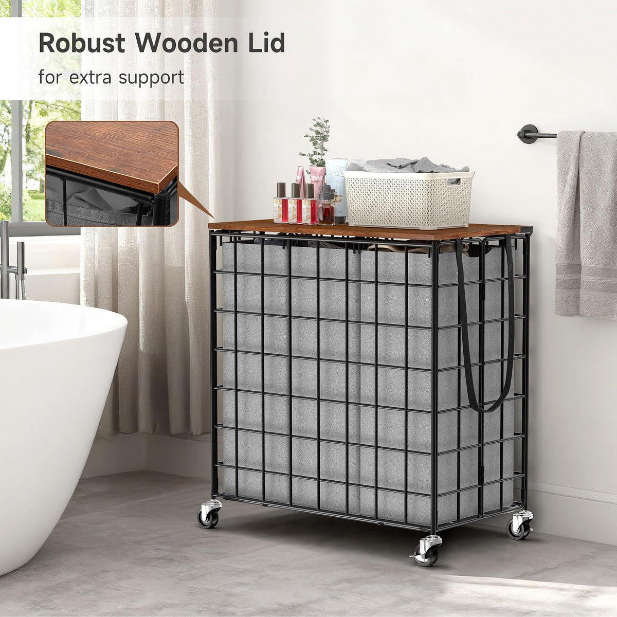 90L Laundry Basket with Wheels, Large Capacity Laundry Hamper with Removable Liner Bags, Heavy Duty Laundry Sorter with Solid Wood Lid & Leather Handles, Beige