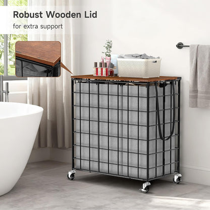 90L Laundry Basket with Wheels, Large Capacity Laundry Hamper with Removable Liner Bags, Heavy Duty Laundry Sorter with Solid Wood Lid & Leather Handles, Beige