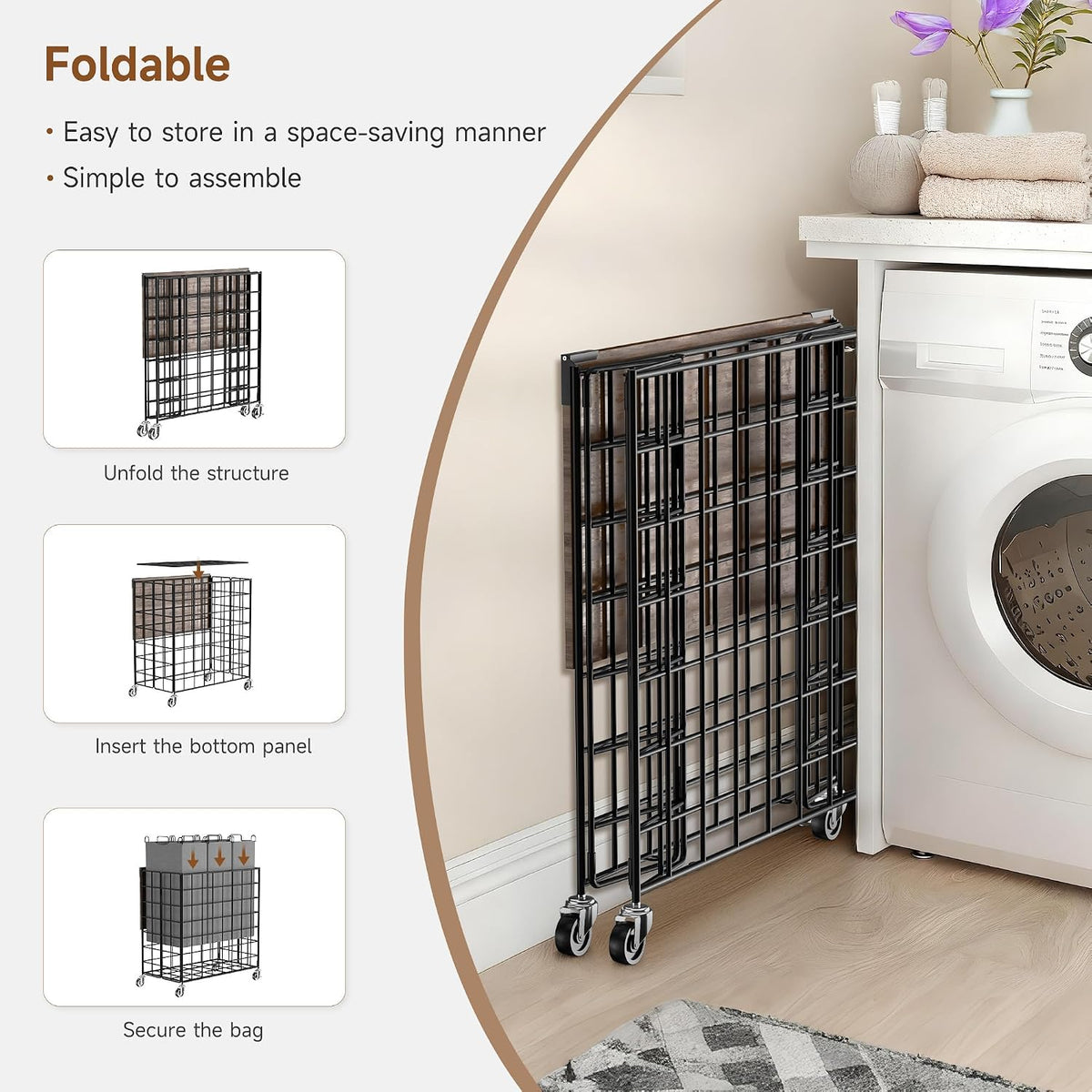 90L Laundry Basket with Wheels, Large Capacity Laundry Hamper with Removable Liner Bags, Heavy Duty Laundry Sorter with Solid Wood Lid & Leather Handles, Beige