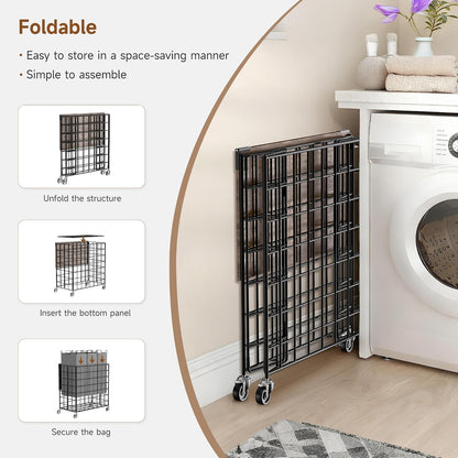 90L Laundry Basket with Wheels, Large Capacity Laundry Hamper with Removable Liner Bags, Heavy Duty Laundry Sorter with Solid Wood Lid & Leather Handles, Beige