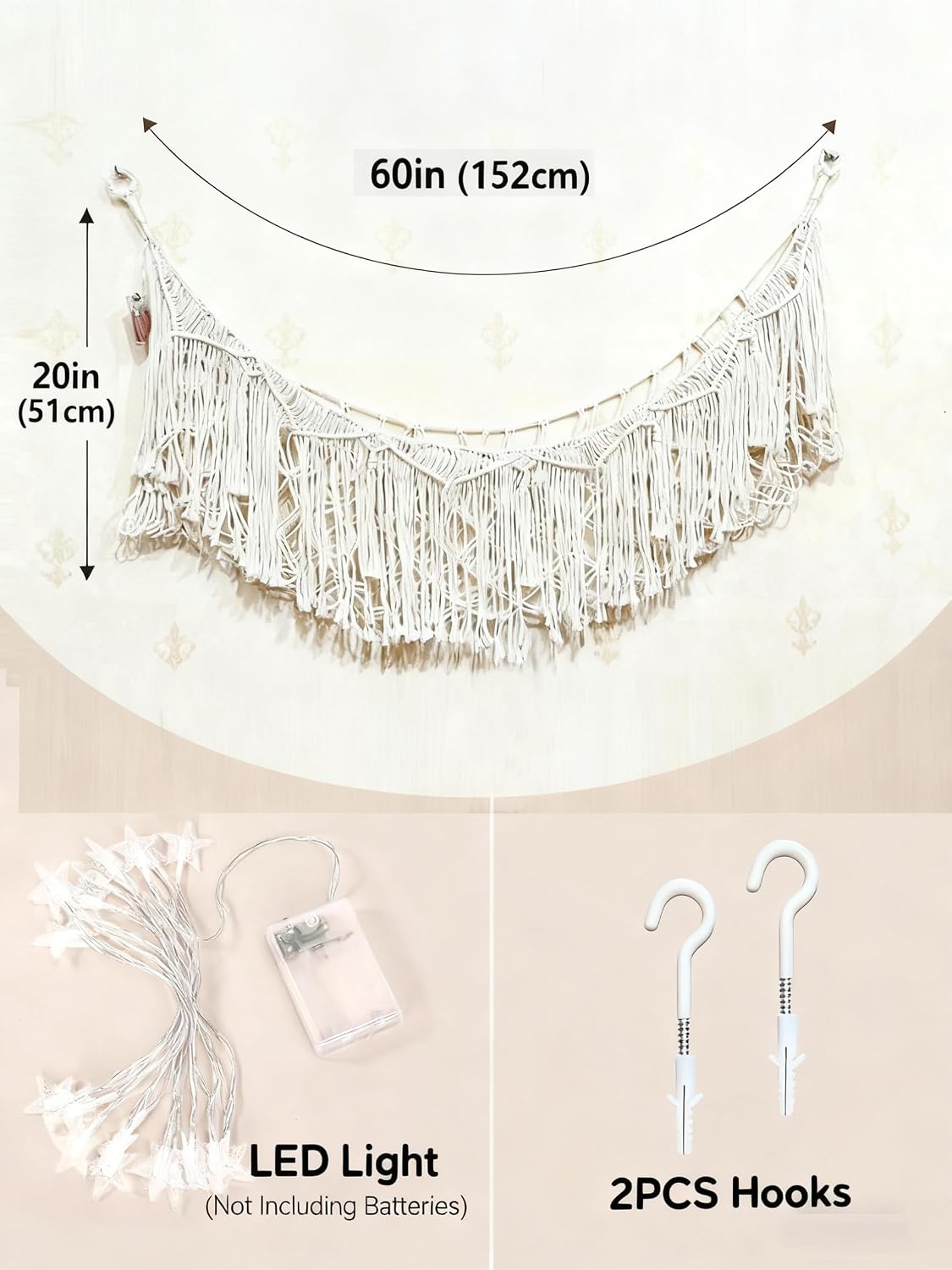 Stuffed Animal Hammock or Net With LED Lights Extra Large Wall Hanging Stuffed Animal Storage Nets for Teddy Bear Handmade Macrame Hanging Toy Net Hammock for Stuffed Animal Storage (Beige)