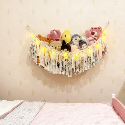 Stuffed Animal Hammock or Net With LED Lights Extra Large Wall Hanging Stuffed Animal Storage Nets for Teddy Bear Handmade Macrame Hanging Toy Net Hammock for Stuffed Animal Storage (Beige)