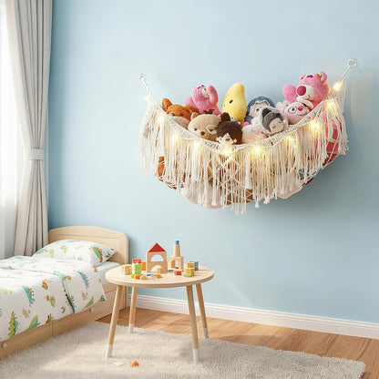 Stuffed Animal Hammock or Net With LED Lights Extra Large Wall Hanging Stuffed Animal Storage Nets for Teddy Bear Handmade Macrame Hanging Toy Net Hammock for Stuffed Animal Storage (Beige)