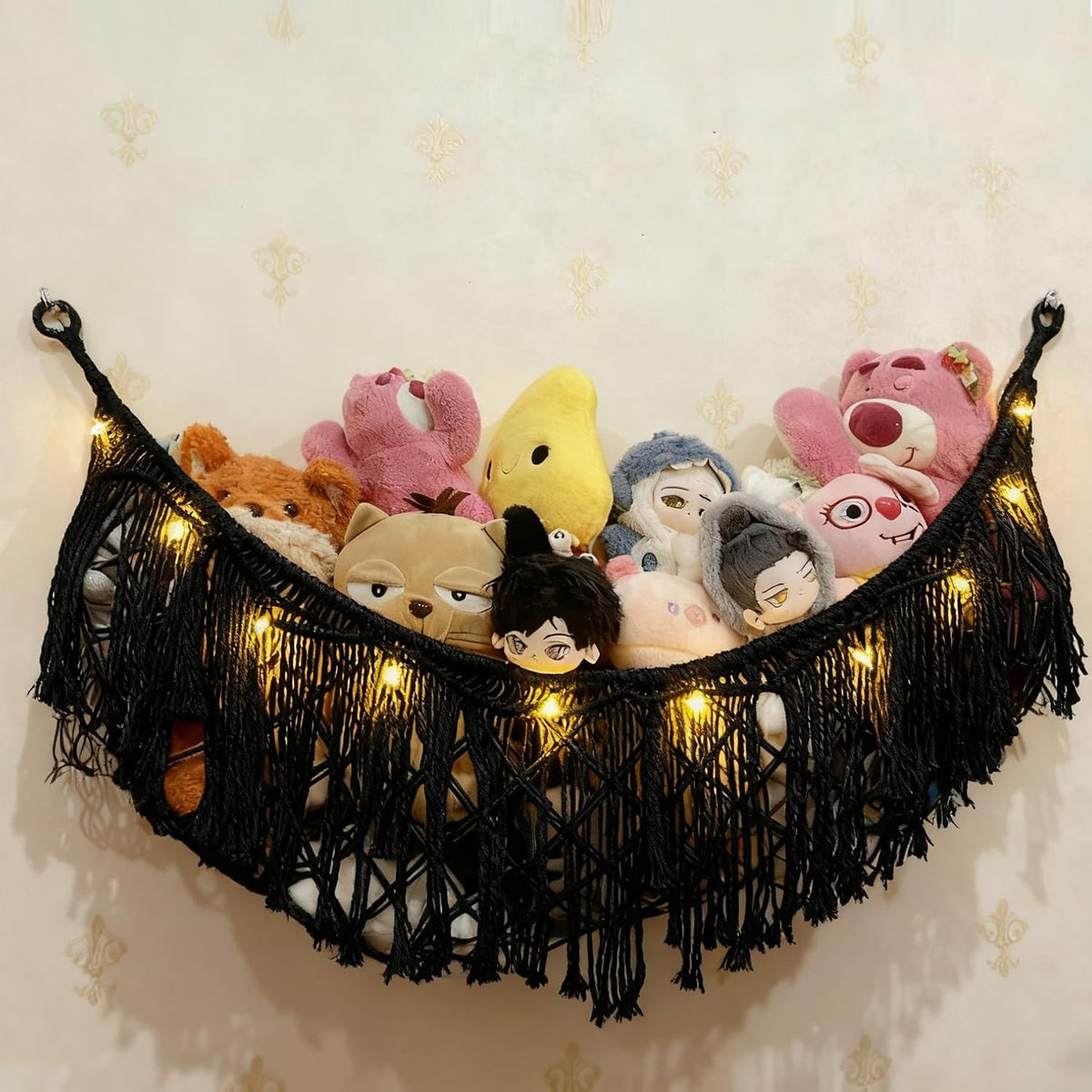 Stuffed Animal Hammock or Net With LED Lights Extra Large Wall Hanging Stuffed Animal Storage Nets for Teddy Bear Handmade Macrame Hanging Toy Net Hammock for Stuffed Animal Storage (Beige)