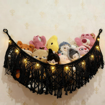 Stuffed Animal Hammock or Net With LED Lights Extra Large Wall Hanging Stuffed Animal Storage Nets for Teddy Bear Handmade Macrame Hanging Toy Net Hammock for Stuffed Animal Storage (Beige)