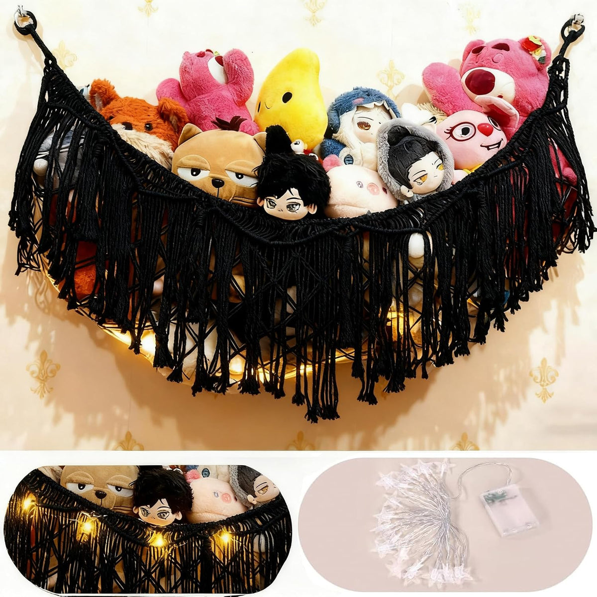 Stuffed Animal Hammock or Net With LED Lights Extra Large Wall Hanging Stuffed Animal Storage Nets for Teddy Bear Handmade Macrame Hanging Toy Net Hammock for Stuffed Animal Storage (Beige)