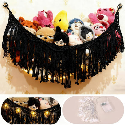 Stuffed Animal Hammock or Net With LED Lights Extra Large Wall Hanging Stuffed Animal Storage Nets for Teddy Bear Handmade Macrame Hanging Toy Net Hammock for Stuffed Animal Storage (Beige)