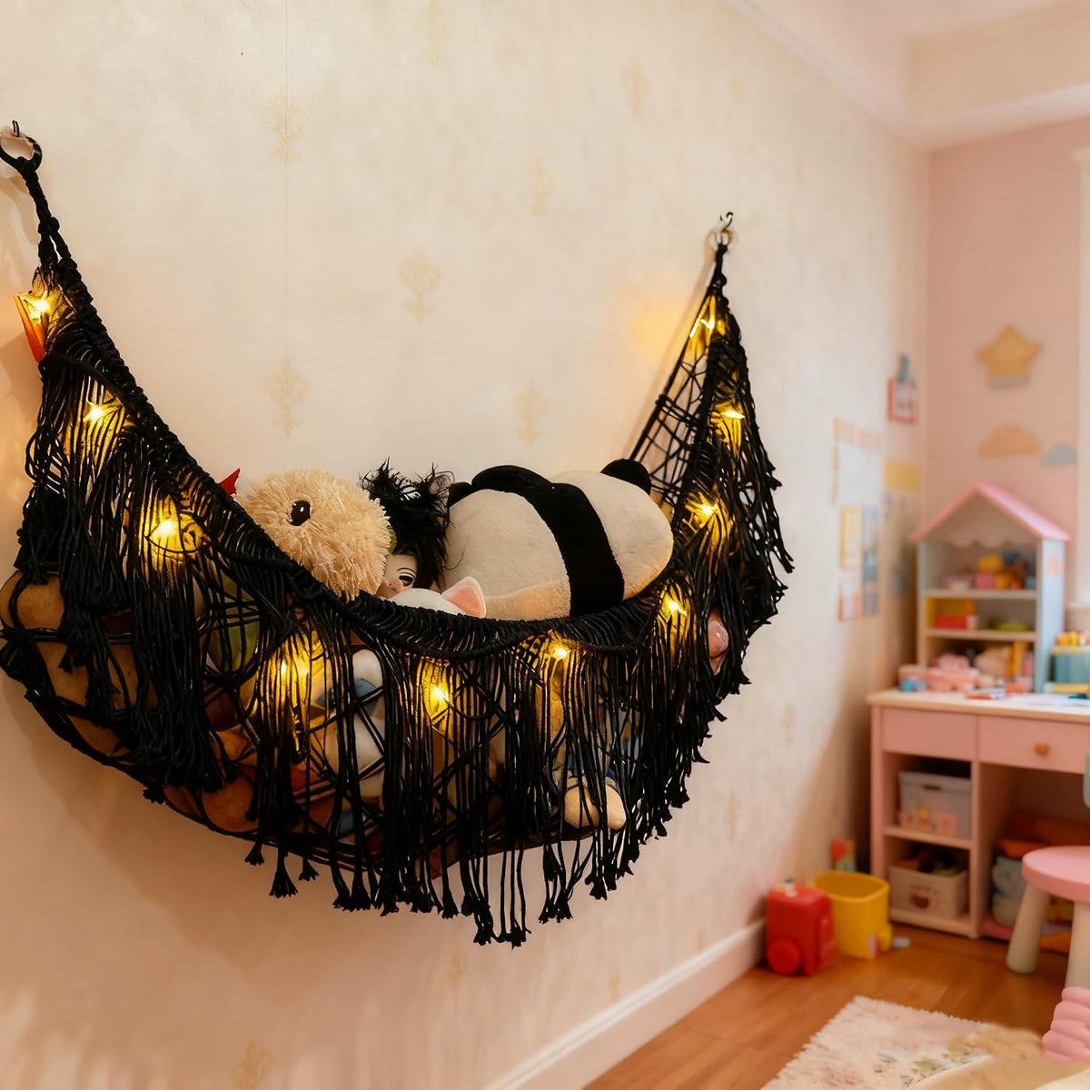 Stuffed Animal Hammock or Net With LED Lights Extra Large Wall Hanging Stuffed Animal Storage Nets for Teddy Bear Handmade Macrame Hanging Toy Net Hammock for Stuffed Animal Storage (Beige)