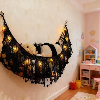 Stuffed Animal Hammock or Net With LED Lights Extra Large Wall Hanging Stuffed Animal Storage Nets for Teddy Bear Handmade Macrame Hanging Toy Net Hammock for Stuffed Animal Storage (Beige)