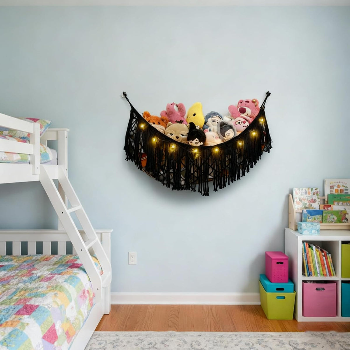 Stuffed Animal Hammock or Net With LED Lights Extra Large Wall Hanging Stuffed Animal Storage Nets for Teddy Bear Handmade Macrame Hanging Toy Net Hammock for Stuffed Animal Storage (Beige)