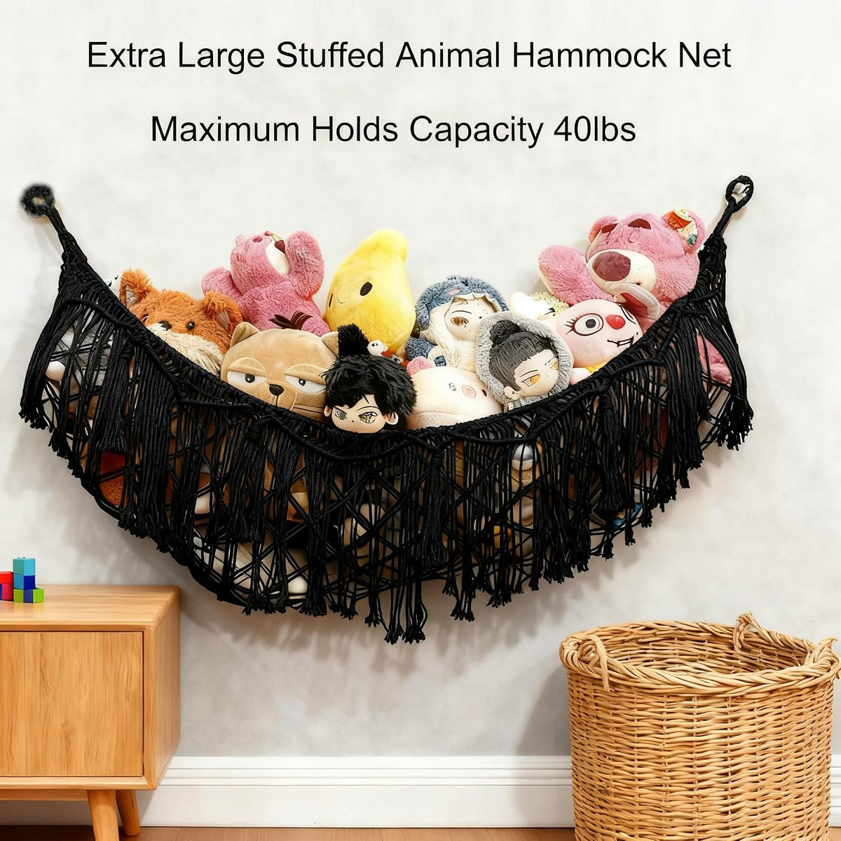 Stuffed Animal Hammock or Net With LED Lights Extra Large Wall Hanging Stuffed Animal Storage Nets for Teddy Bear Handmade Macrame Hanging Toy Net Hammock for Stuffed Animal Storage (Beige)