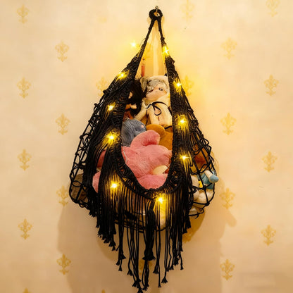 Stuffed Animal Hammock or Net With LED Lights Extra Large Wall Hanging Stuffed Animal Storage Nets for Teddy Bear Handmade Macrame Hanging Toy Net Hammock for Stuffed Animal Storage (Beige)