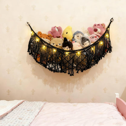 Stuffed Animal Hammock or Net With LED Lights Extra Large Wall Hanging Stuffed Animal Storage Nets for Teddy Bear Handmade Macrame Hanging Toy Net Hammock for Stuffed Animal Storage (Beige)