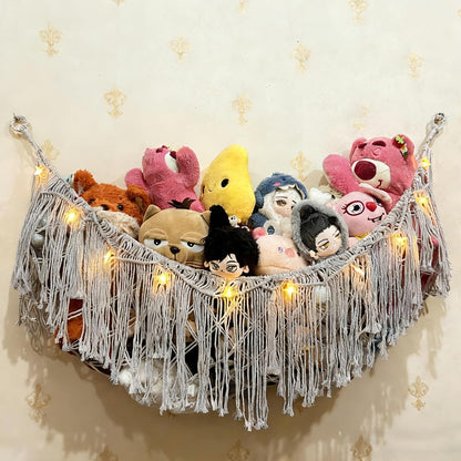 Stuffed Animal Hammock or Net With LED Lights Extra Large Wall Hanging Stuffed Animal Storage Nets for Teddy Bear Handmade Macrame Hanging Toy Net Hammock for Stuffed Animal Storage (Beige)