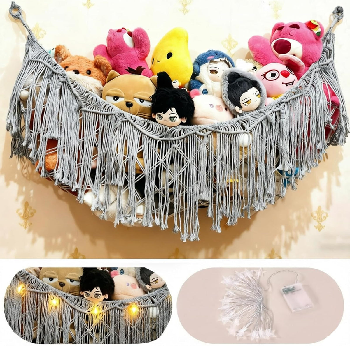 Stuffed Animal Hammock or Net With LED Lights Extra Large Wall Hanging Stuffed Animal Storage Nets for Teddy Bear Handmade Macrame Hanging Toy Net Hammock for Stuffed Animal Storage (Beige)