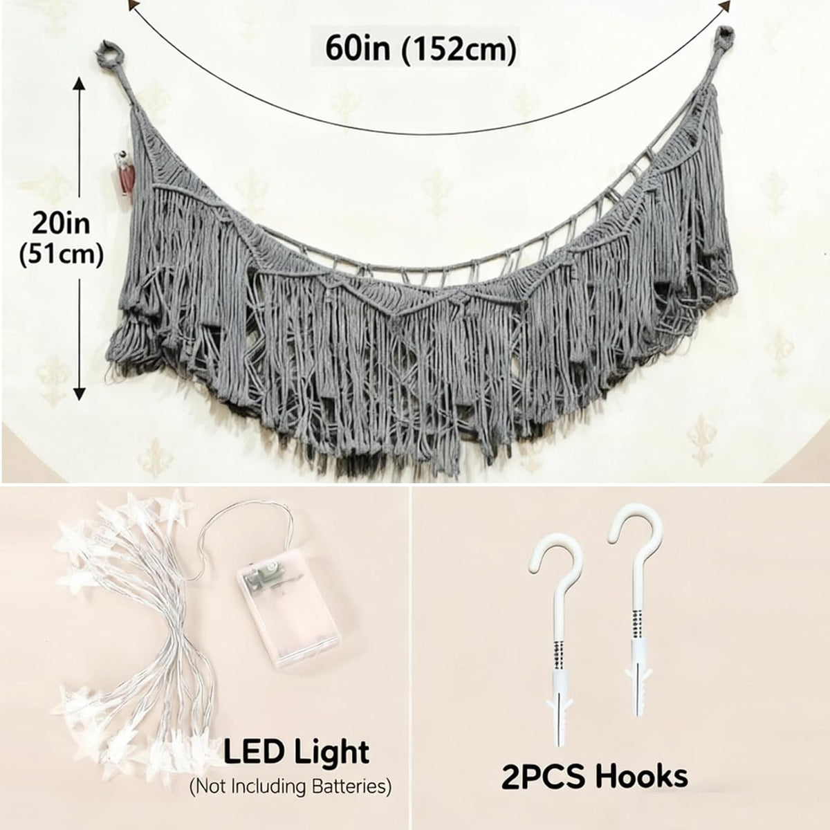 Stuffed Animal Hammock or Net With LED Lights Extra Large Wall Hanging Stuffed Animal Storage Nets for Teddy Bear Handmade Macrame Hanging Toy Net Hammock for Stuffed Animal Storage (Beige)
