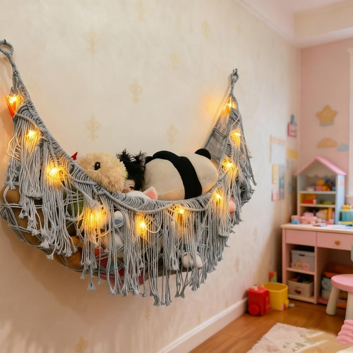 Stuffed Animal Hammock or Net With LED Lights Extra Large Wall Hanging Stuffed Animal Storage Nets for Teddy Bear Handmade Macrame Hanging Toy Net Hammock for Stuffed Animal Storage (Beige)