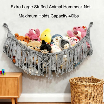 Stuffed Animal Hammock or Net With LED Lights Extra Large Wall Hanging Stuffed Animal Storage Nets for Teddy Bear Handmade Macrame Hanging Toy Net Hammock for Stuffed Animal Storage (Beige)