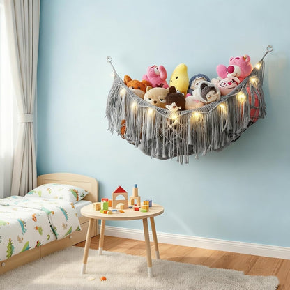 Stuffed Animal Hammock or Net With LED Lights Extra Large Wall Hanging Stuffed Animal Storage Nets for Teddy Bear Handmade Macrame Hanging Toy Net Hammock for Stuffed Animal Storage (Beige)