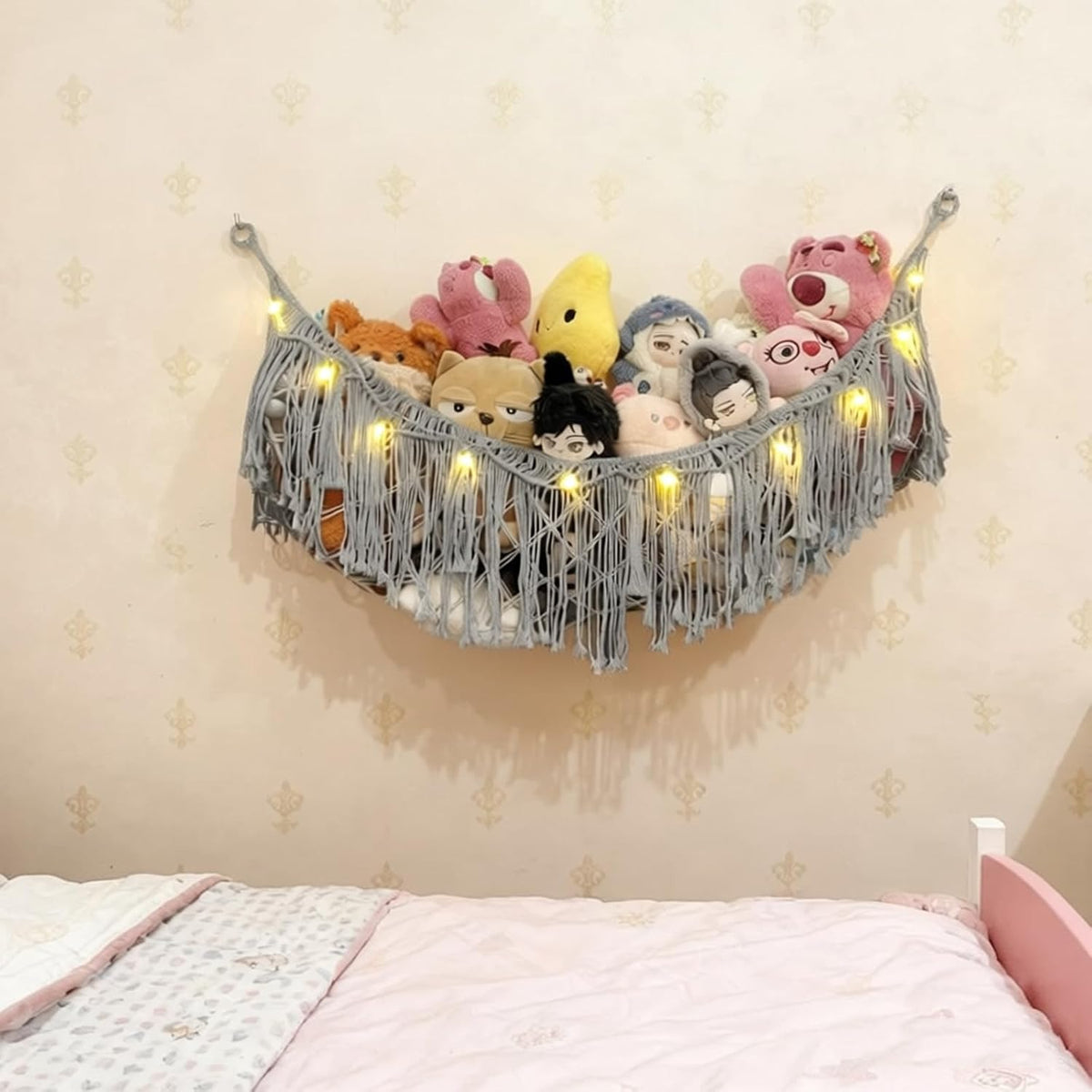 Stuffed Animal Hammock or Net With LED Lights Extra Large Wall Hanging Stuffed Animal Storage Nets for Teddy Bear Handmade Macrame Hanging Toy Net Hammock for Stuffed Animal Storage (Beige)
