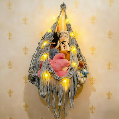 Stuffed Animal Hammock or Net With LED Lights Extra Large Wall Hanging Stuffed Animal Storage Nets for Teddy Bear Handmade Macrame Hanging Toy Net Hammock for Stuffed Animal Storage (Beige)