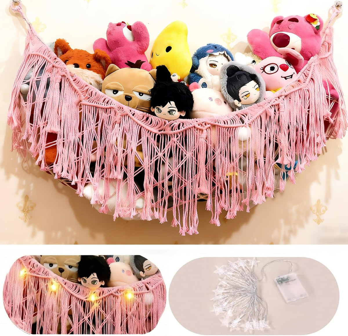 Stuffed Animal Hammock or Net With LED Lights Extra Large Wall Hanging Stuffed Animal Storage Nets for Teddy Bear Handmade Macrame Hanging Toy Net Hammock for Stuffed Animal Storage (Beige)