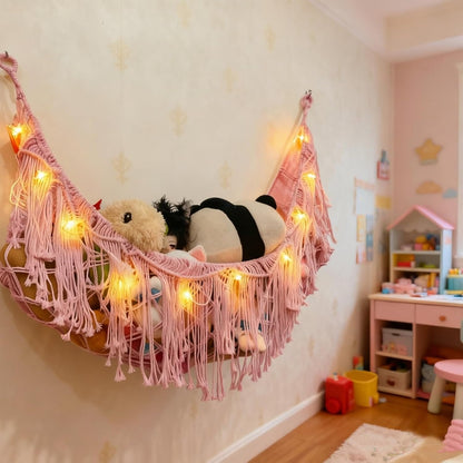 Stuffed Animal Hammock or Net With LED Lights Extra Large Wall Hanging Stuffed Animal Storage Nets for Teddy Bear Handmade Macrame Hanging Toy Net Hammock for Stuffed Animal Storage (Beige)