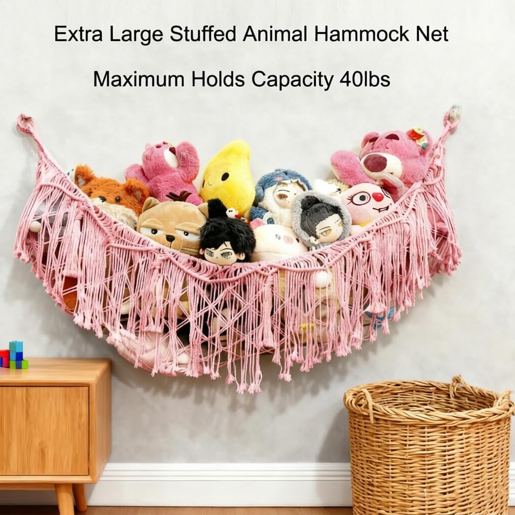 Stuffed Animal Hammock or Net With LED Lights Extra Large Wall Hanging Stuffed Animal Storage Nets for Teddy Bear Handmade Macrame Hanging Toy Net Hammock for Stuffed Animal Storage (Beige)