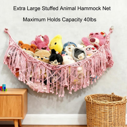 Stuffed Animal Hammock or Net With LED Lights Extra Large Wall Hanging Stuffed Animal Storage Nets for Teddy Bear Handmade Macrame Hanging Toy Net Hammock for Stuffed Animal Storage (Beige)
